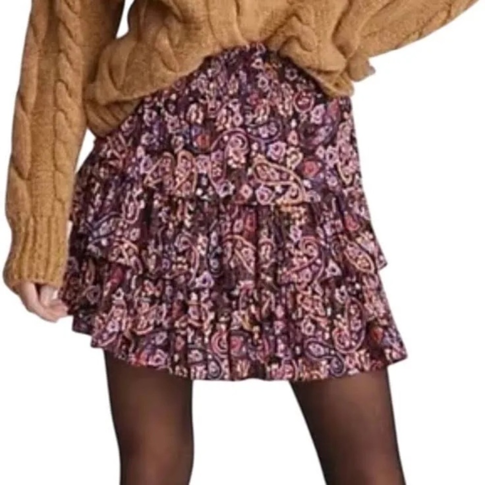 Anthropologie Myla tiered purple paisley-print mini skirt M - Picture 2 of 5